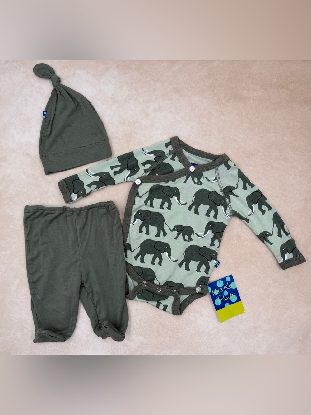 🆕 Kickee Pants Olive Green Elephant Print 3-Piece Baby Set